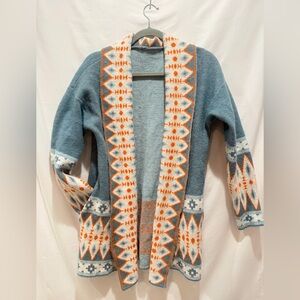 Cozy Blue & Orange Patterned Open Cardigan Sweater